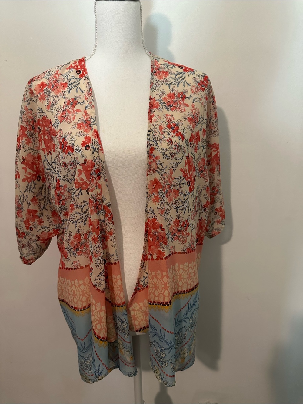 Floral Open-Front Lightweight Kimono Jacket - Cream & Coral